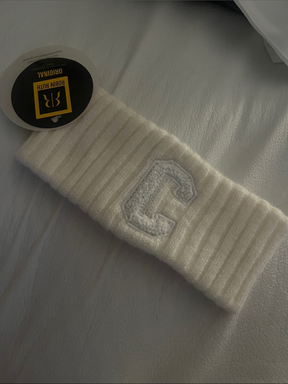 Robin Ruth Cream Ribbed Knit Headband with Embroidered C